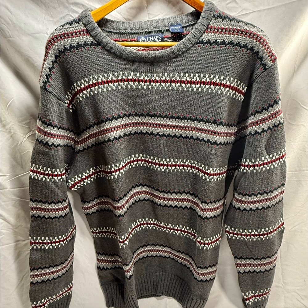 Chaps Men's L Sweater in Gray with Red and White Stripes
